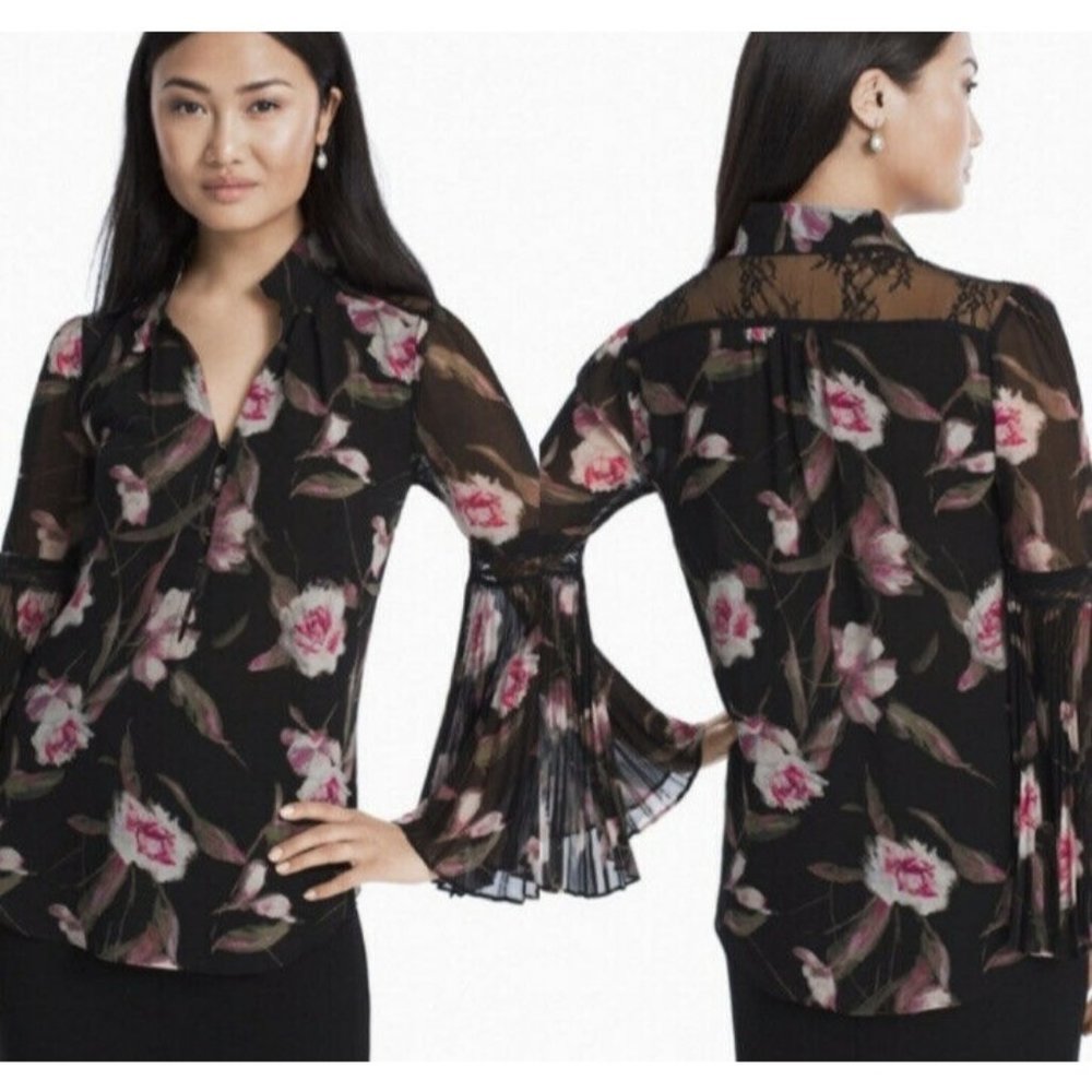 White House Black Market Floral Pleated Bell Sleeve Blouse Fairy Fairycore S 4
